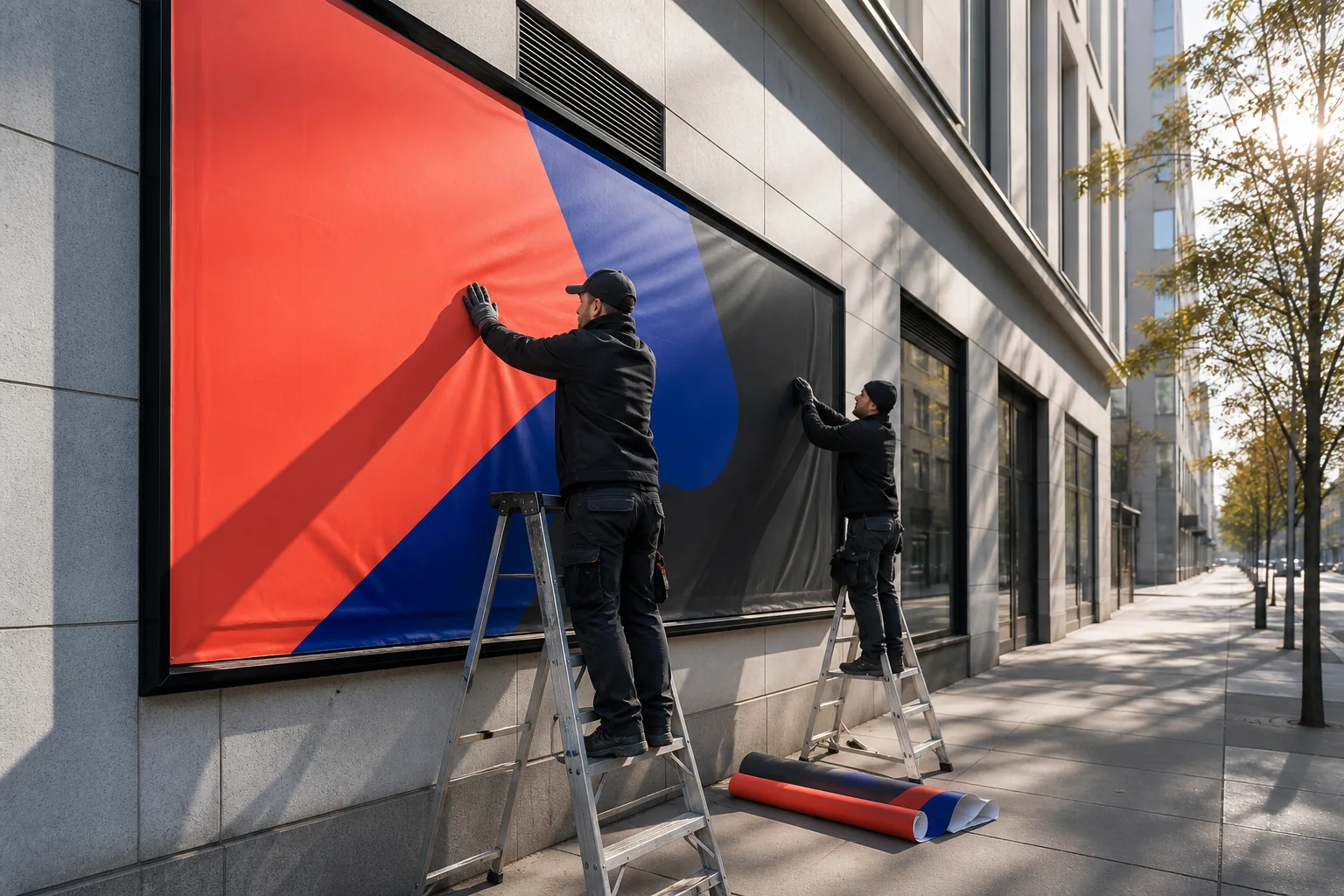 Team installing a large abstract outdoor campaign